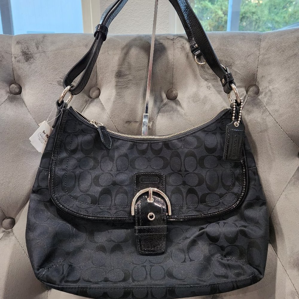 NWT Coach Soho Signature Black/Silver Flap Duffle bag 23164E